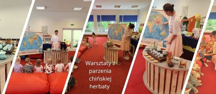 Kolaż przedstawiający kilka zdjęć z zajęć warsztaów parzenia herbaty przy udziale dzieci i osoby prowadzącej