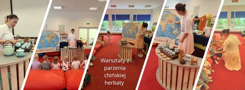 Kolaż przedstawiający kilka zdjęć z zajęć warsztaów parzenia herbaty przy udziale dzieci i osoby prowadzącej