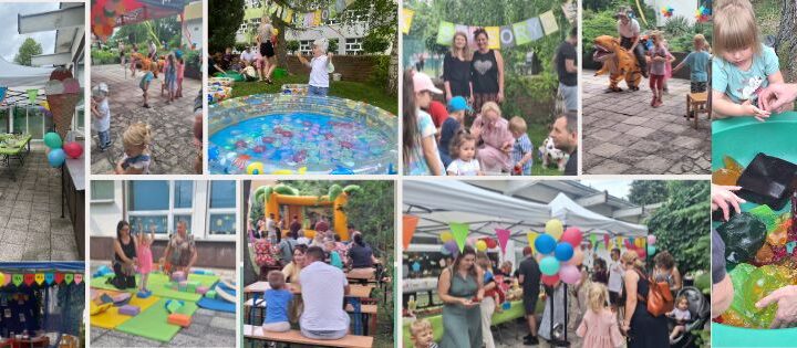 Zestaw kilku zdjęć przedstawiających bawiące się dzieci i ich rodziców na Rodzinnym pikniku żłobkowym.