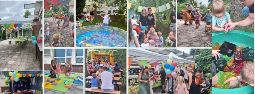 Zestaw kilku zdjęć przedstawiających bawiące się dzieci i ich rodziców na Rodzinnym pikniku żłobkowym.