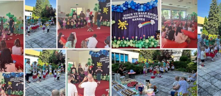 Zestaw kilku zdjęć z dziećmi, opiekunami i rodzicami w trakcie pożegnania ze żłobkiem.