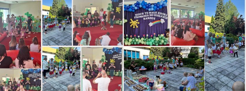 Zestaw kilku zdjęć z dziećmi, opiekunami i rodzicami w trakcie pożegnania ze żłobkiem.