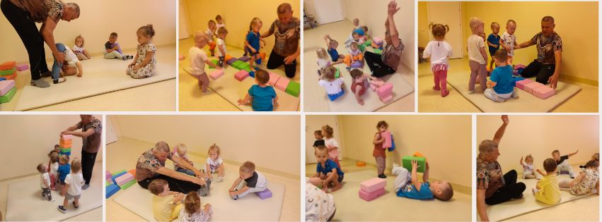 Układ kilku zdjęć dzieci w trakcie zajęć z jogi z instruktorem