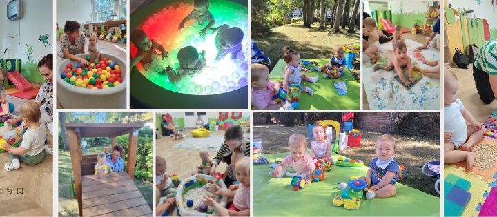 zestaw kilku zdjęć przedstawiających dzieci w żłobku w trakcie adaptacji.