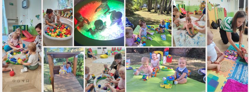 zestaw kilku zdjęć przedstawiających dzieci w żłobku w trakcie adaptacji.