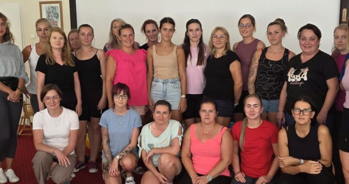 zdjęcie przedstawia grupę opiekunów w trakcie szkolenia prowadzonego przez psychoterapeutkę.