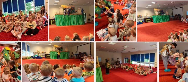 zestaw kilku zdjęć dzieci w trakcie oglądania spektaklu o smokach.