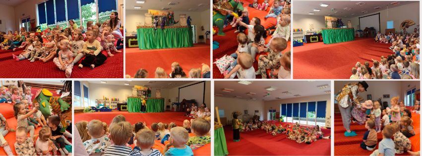 zestaw kilku zdjęć dzieci w trakcie oglądania spektaklu o smokach.