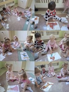 Kolaż zdjęć przedstawiający dzieci układające puzzle z postaciami z bajek