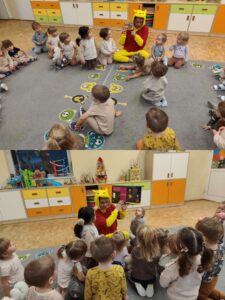 Kolaż zdjęć- opiekunka w stroju Kubusia Puchatka czyta dzieciom książeczki i misiu