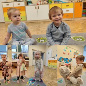 Kolaż zdjęć przedstawiający dzieci ze swoimi maskotkami misia
