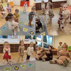 Kolaż zdjęć przedstawiający dzieci ze swoimi maskotkami misia