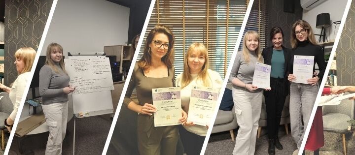 zestaw zdjęć przedstawiających opiekunów ze żłobka w trakcie szkolenia. prze