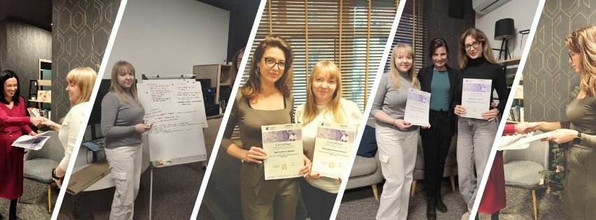 zestaw zdjęć przedstawiających opiekunów ze żłobka w trakcie szkolenia. prze