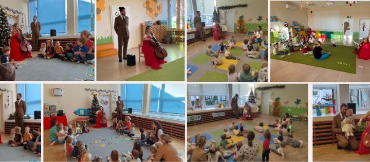 zestaw kilku zdjęć przedstawiające dzieci w trakcie słuchania kolęd i gry na wiolonczeli.