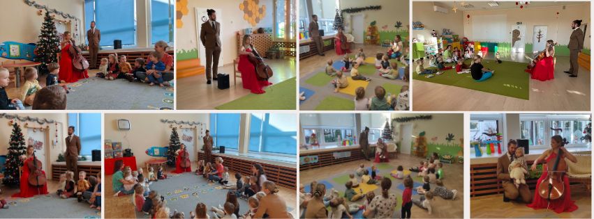 zestaw kilku zdjęć przedstawiające dzieci w trakcie słuchania kolęd i gry na wiolonczeli.