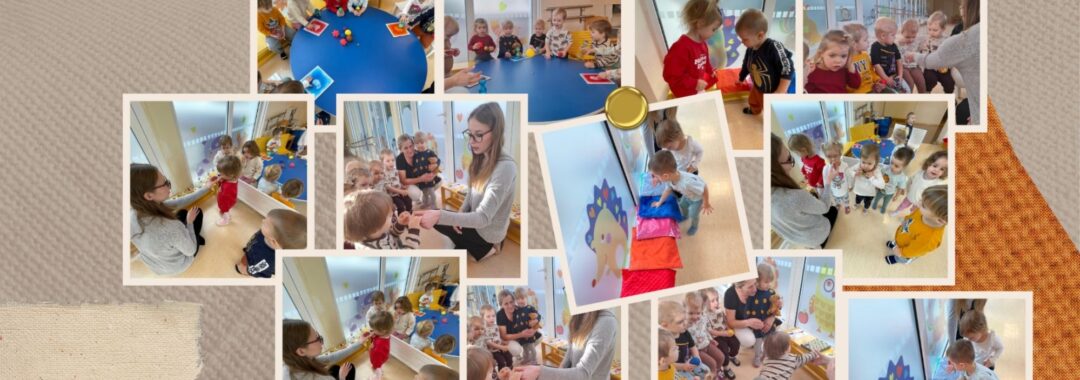 Kolaż zdjęć z zajęć sensorycznych w żłobku – dzieci w towarzystwie opiekunów dotykają materiałów o różnych fakturach, oglądają kolorowe elementy, biorą udział w zabawach przy stolikach oraz wspólnie eksplorują bodźce sensoryczne w bezpiecznej i przyjaznej atmosferze.
