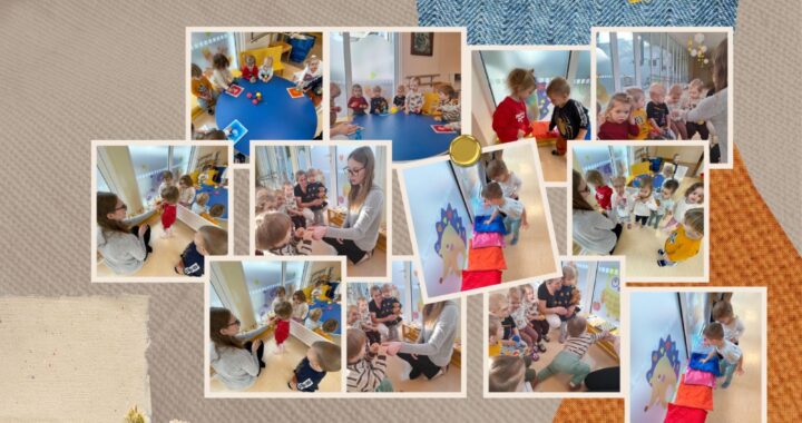 Kolaż zdjęć z zajęć sensorycznych w żłobku – dzieci w towarzystwie opiekunów dotykają materiałów o różnych fakturach, oglądają kolorowe elementy, biorą udział w zabawach przy stolikach oraz wspólnie eksplorują bodźce sensoryczne w bezpiecznej i przyjaznej atmosferze.