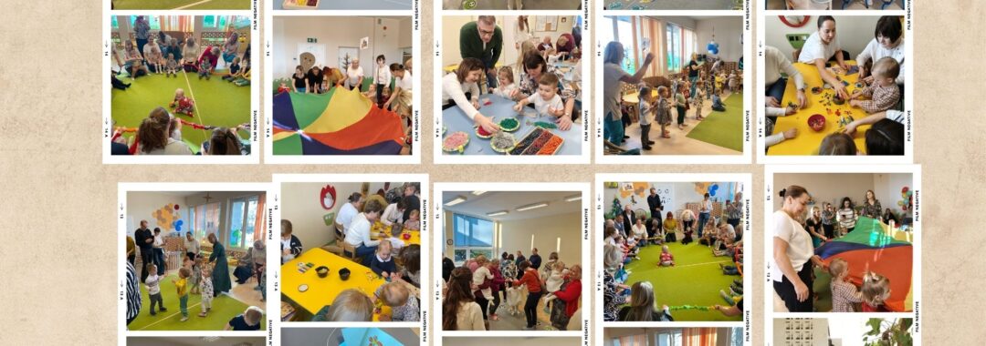 Kolaż zdjęć przedstawiający dzieci uczęszczające do żłobka podczas wspólnych zajęć i zabaw z udziałem opiekunów oraz dziadków Dzieci biorą udział w aktywnościach ruchowych, plastycznych i integracyjnych w salach żłobka, m.in. tańcach, zabawach z chustą animacyjną oraz pracach manualnych. Zdjęcia ukazują atmosferę współpracy, radości i zaangażowania w codzienne życie placówki