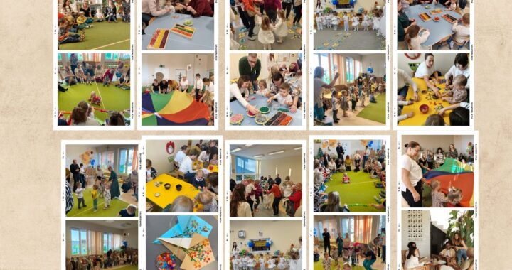 Kolaż zdjęć przedstawiający dzieci uczęszczające do żłobka podczas wspólnych zajęć i zabaw z udziałem opiekunów oraz dziadków Dzieci biorą udział w aktywnościach ruchowych, plastycznych i integracyjnych w salach żłobka, m.in. tańcach, zabawach z chustą animacyjną oraz pracach manualnych. Zdjęcia ukazują atmosferę współpracy, radości i zaangażowania w codzienne życie placówki