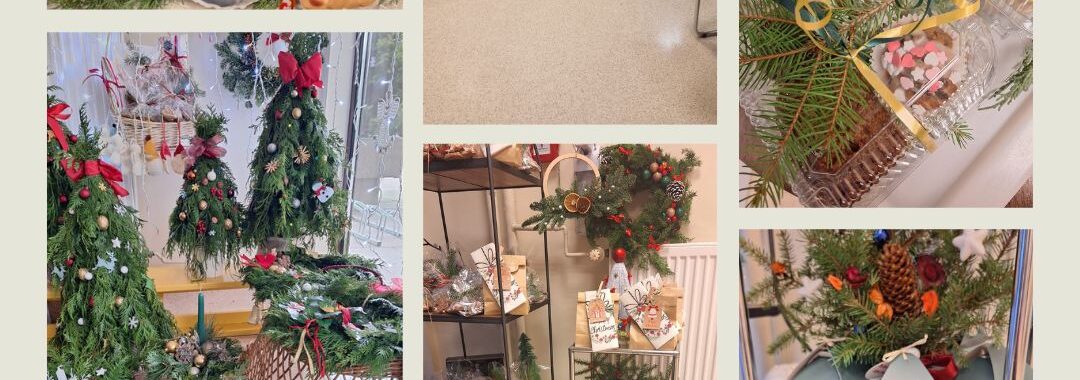 Kilka zdjęć przedstawiających ozdoby świateczne prezentowane na kiermaszu świątecznym w żłobku