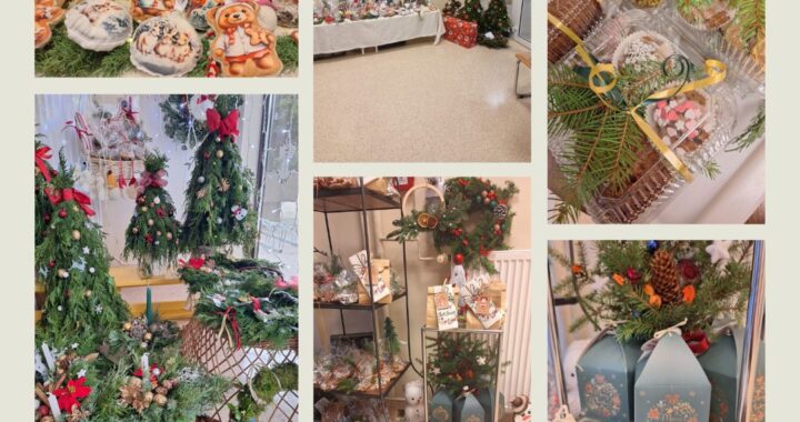 Kilka zdjęć przedstawiających ozdoby świateczne prezentowane na kiermaszu świątecznym w żłobku