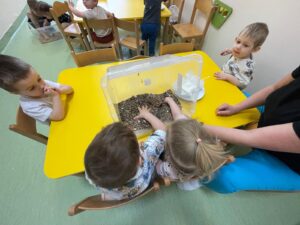 Dzieci robią karmidełka dla ptaszków.