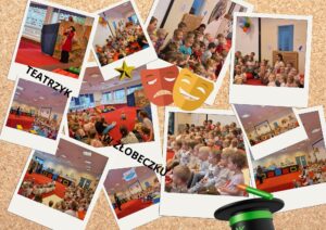 Kolaż zdjęć z przedstawienia teatralnego w żłobku. Na fotografiach widać małe dzieci siedzące na czerwonym dywanie i z dużym zainteresowaniem oglądające występ aktorów. Aktorzy prezentują spektakl w sali z kolorową scenografią i dekoracjami. Na kolażu znajdują się napisy „Teatrzyk w żłobeczku”, grafiki masek teatralnych oraz ilustracyjny kapelusz magika. Atmosfera radosna i pełna zaangażowania dzieci.