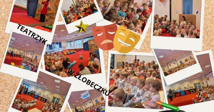 Kolaż zdjęć z przedstawienia teatralnego w żłobku. Na fotografiach widać małe dzieci siedzące na czerwonym dywanie i z dużym zainteresowaniem oglądające występ aktorów. Aktorzy prezentują spektakl w sali z kolorową scenografią i dekoracjami. Na kolażu znajdują się napisy „Teatrzyk w żłobeczku”, grafiki masek teatralnych oraz ilustracyjny kapelusz magika. Atmosfera radosna i pełna zaangażowania dzieci.