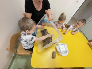 Dzieci robią karmidełka dla ptaszków.