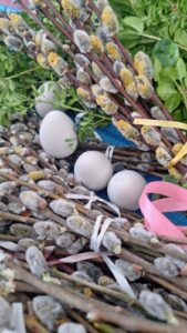 Gotowe i przygotowywane palmy wielkanocne ułożone na stole podczas pracy zespołowej.