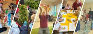 Zajęcia otwarte w żłobku – dzieci i rodzice wspólnie bawią się, malują oraz sadzą rośliny w sali i ogrodzie.