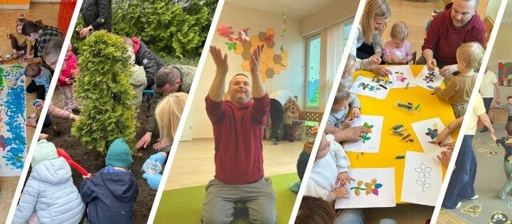 Zajęcia otwarte w żłobku – dzieci i rodzice wspólnie bawią się, malują oraz sadzą rośliny w sali i ogrodzie.