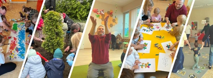 Zajęcia otwarte w żłobku – dzieci i rodzice wspólnie bawią się, malują oraz sadzą rośliny w sali i ogrodzie.