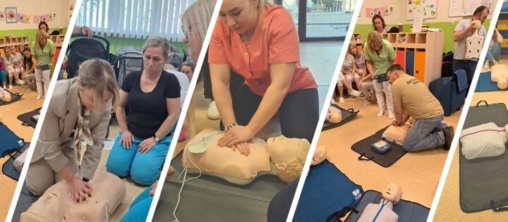 Szkolenie pracowników żłobka z zakresu udzielania pierwszej pomocy i obsługi defibrylatora AED – ćwiczenia praktyczne na fantomach dorosłych, dzieci i niemowląt prowadzone przez ratowników medycznych.